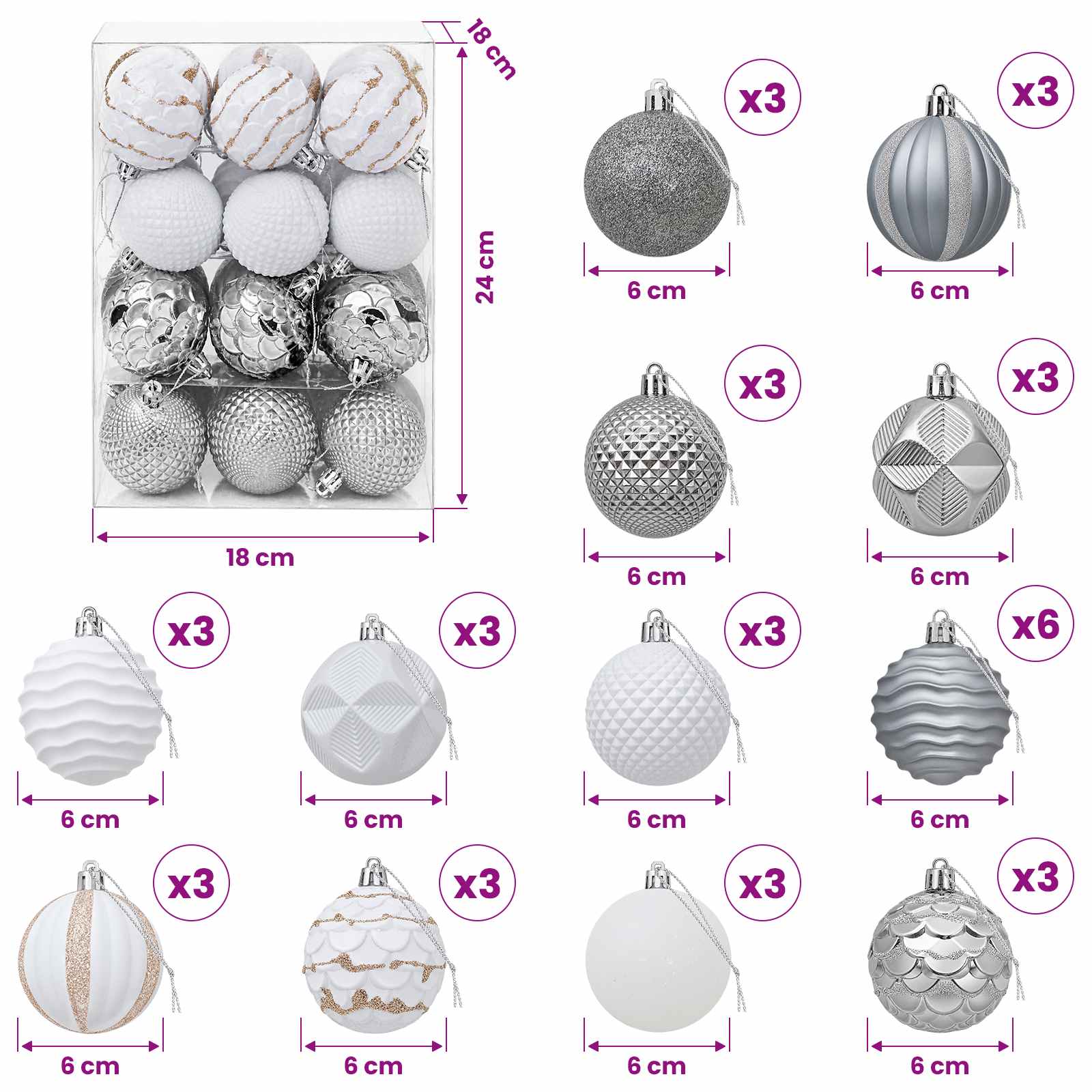 Set di Palline di Natale 36 pz Bianco e Grigio 6 cm Polistirolo