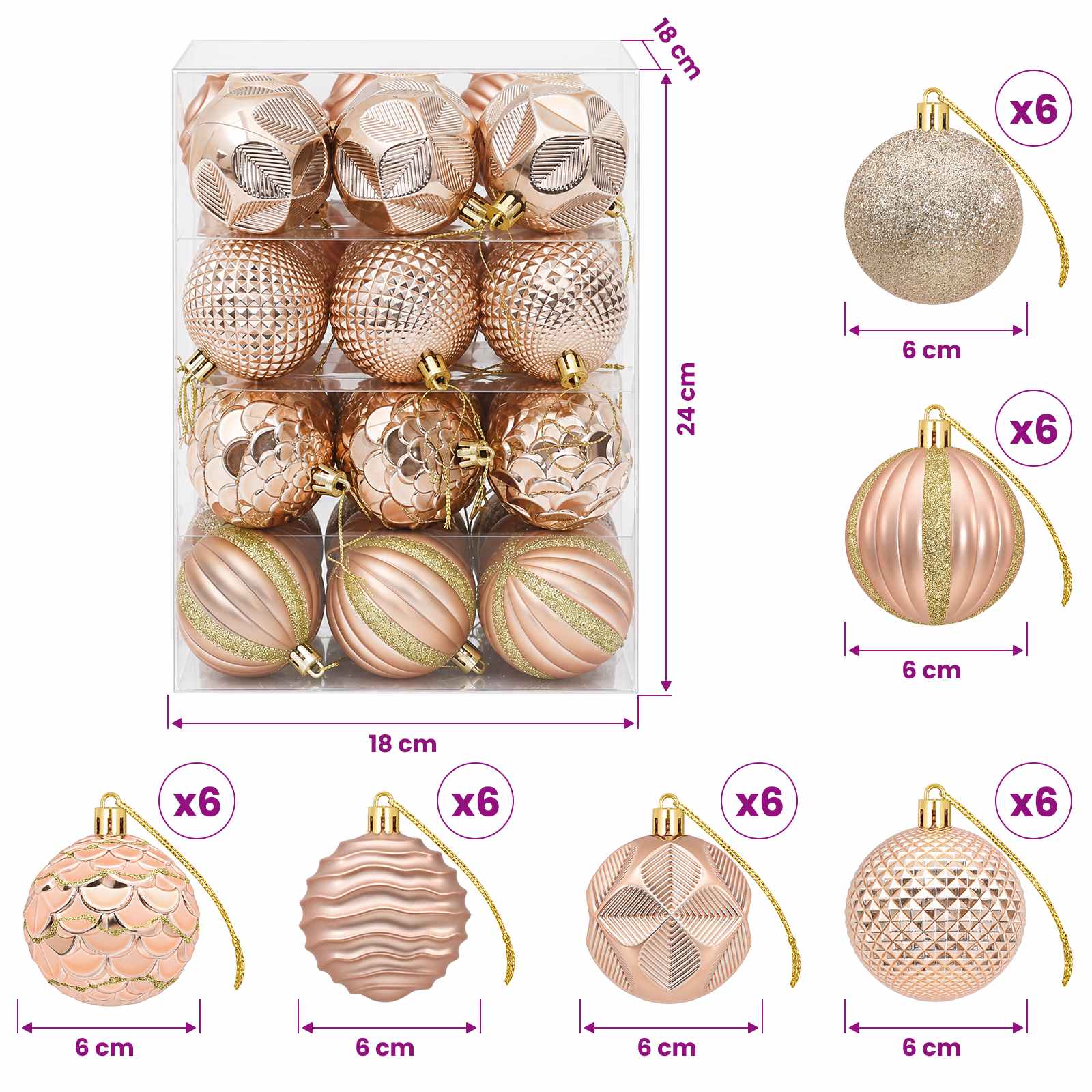 Set di Palline di Natale 36 pz Oro rosa 6 cm Polistirolo