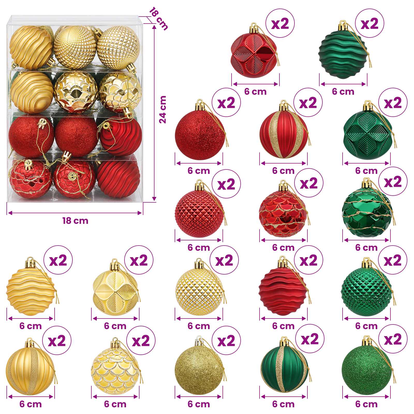 Set di palline natalizie 36 pz Rosso, oro e verde 6 cm