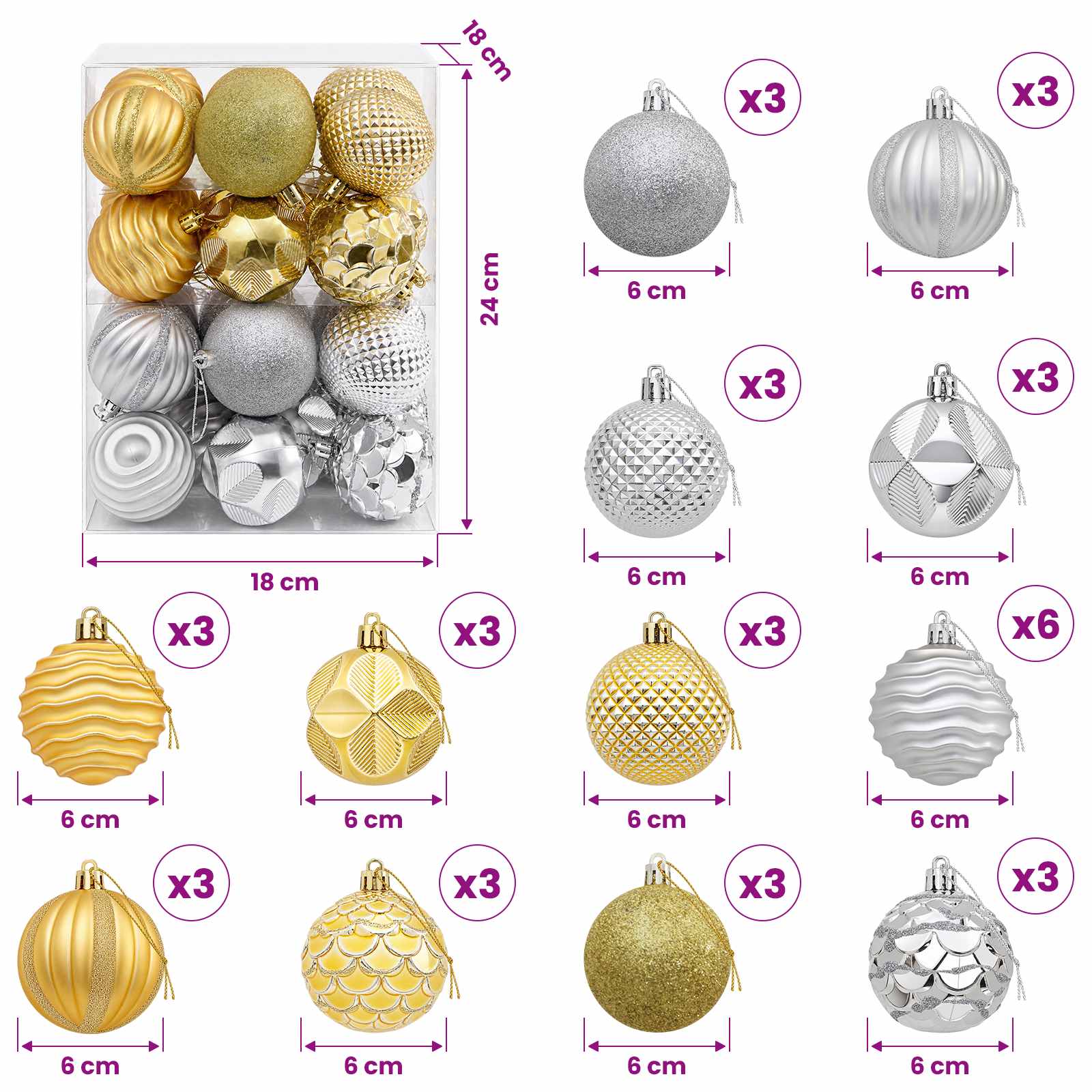 Set di Palline di Natale 36 pz Argento e oro 6 cm Polistirolo