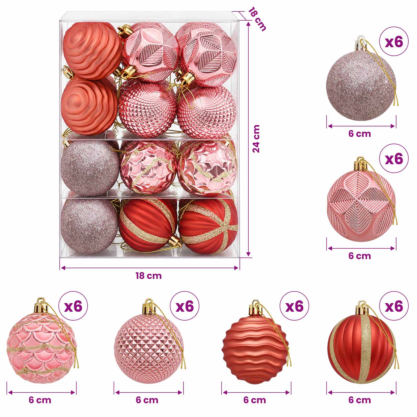 Set di Palline di Natale 36 pz Rosa e rosé 6 cm Polistirolo