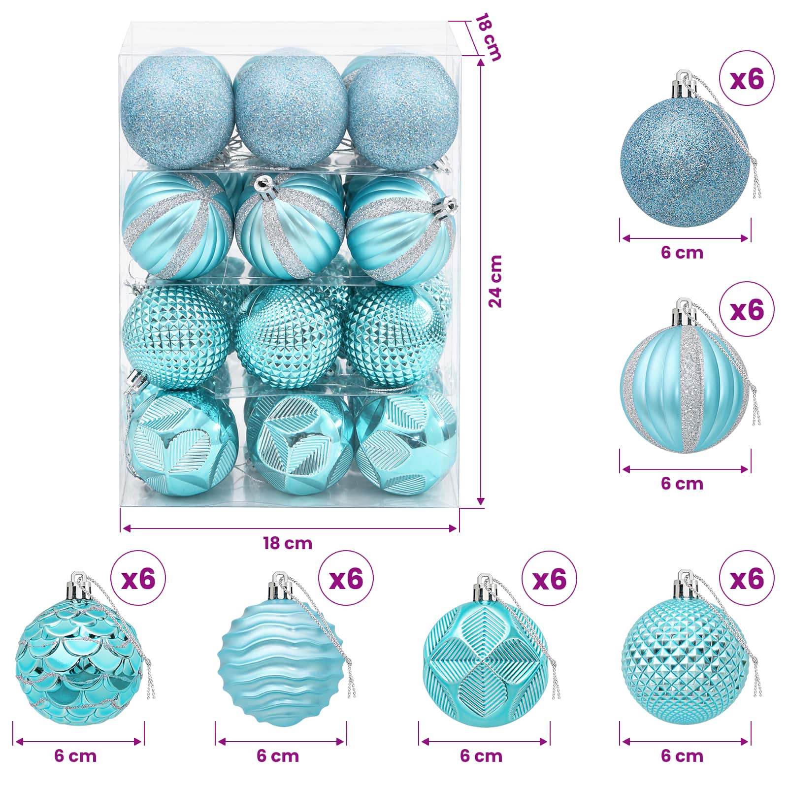 Set di Palline di Natale 36 pz Turchese 6 cm Polistirolo