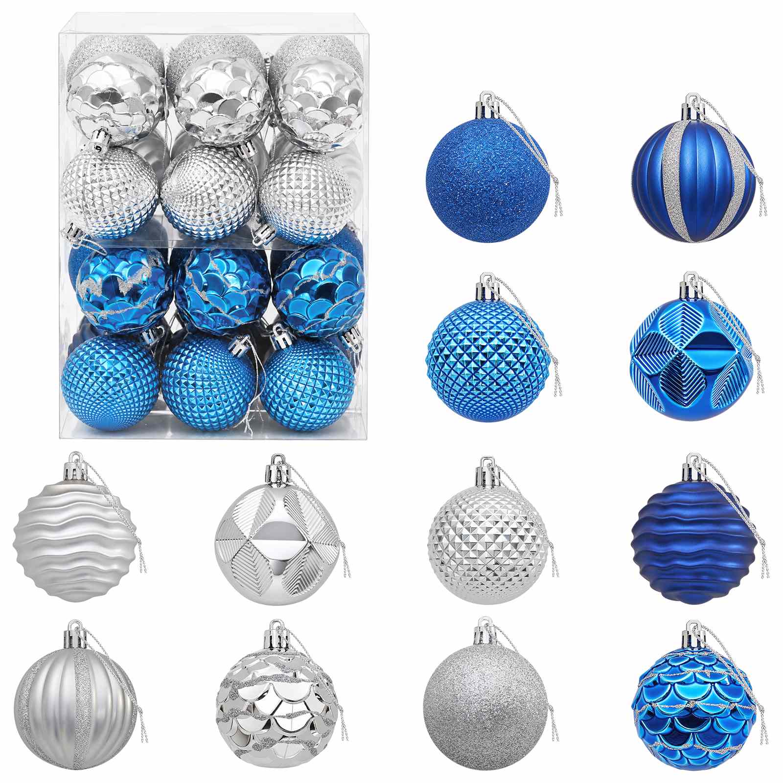 Set di Palline di Natale 36 pz Blu e argento 6 cm Polistirolo