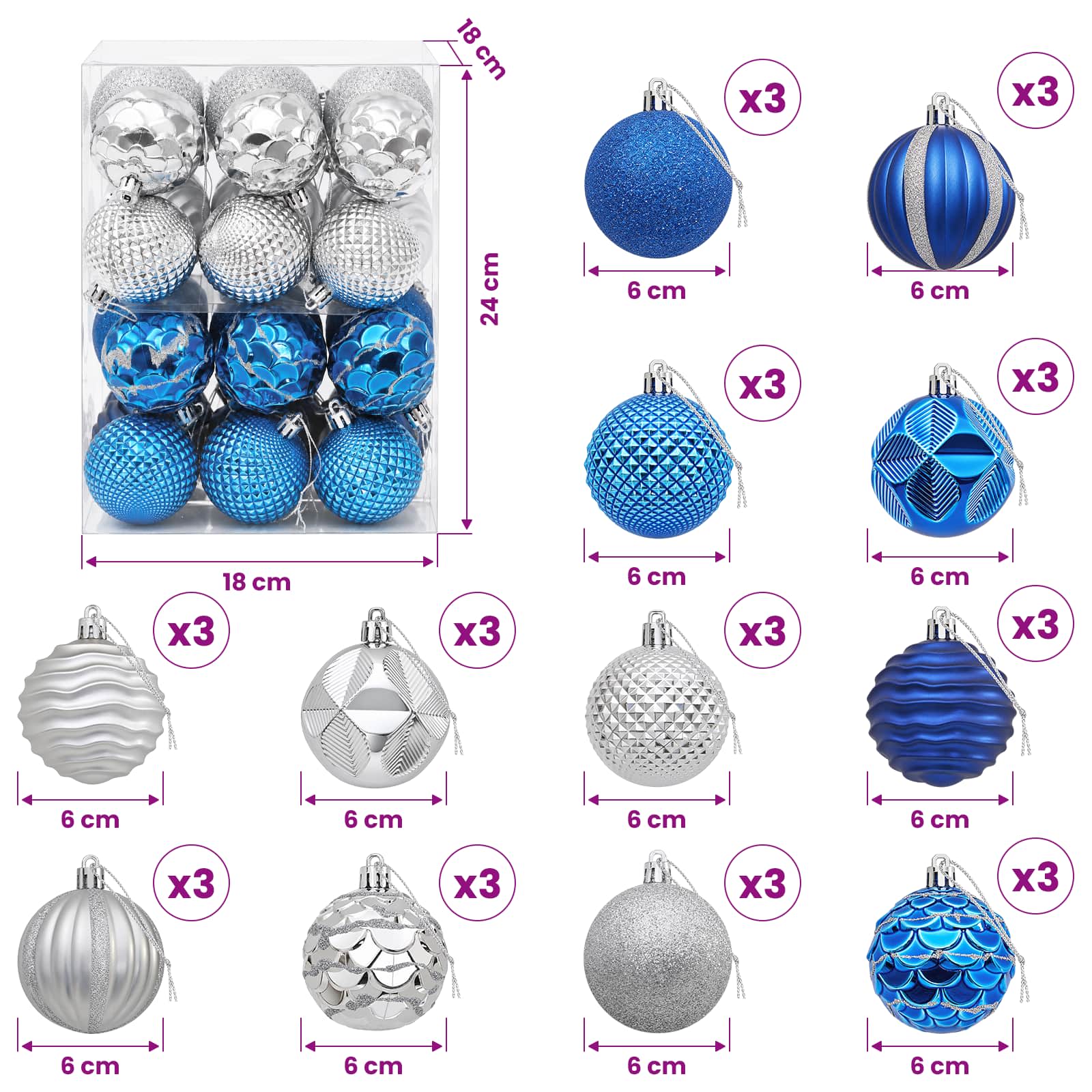 Set di Palline di Natale 36 pz Blu e argento 6 cm Polistirolo