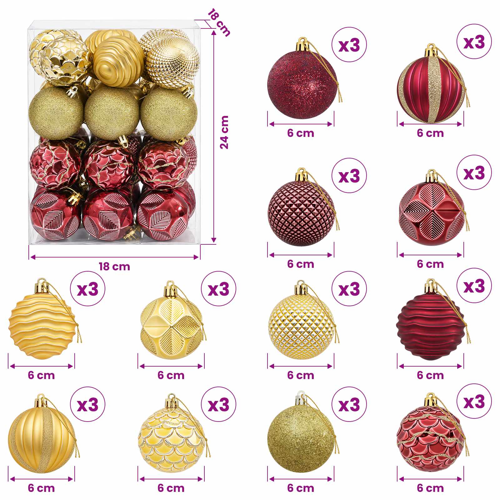 Set di Palline di Natale 36 pz Oro e rosso vino 6 cm