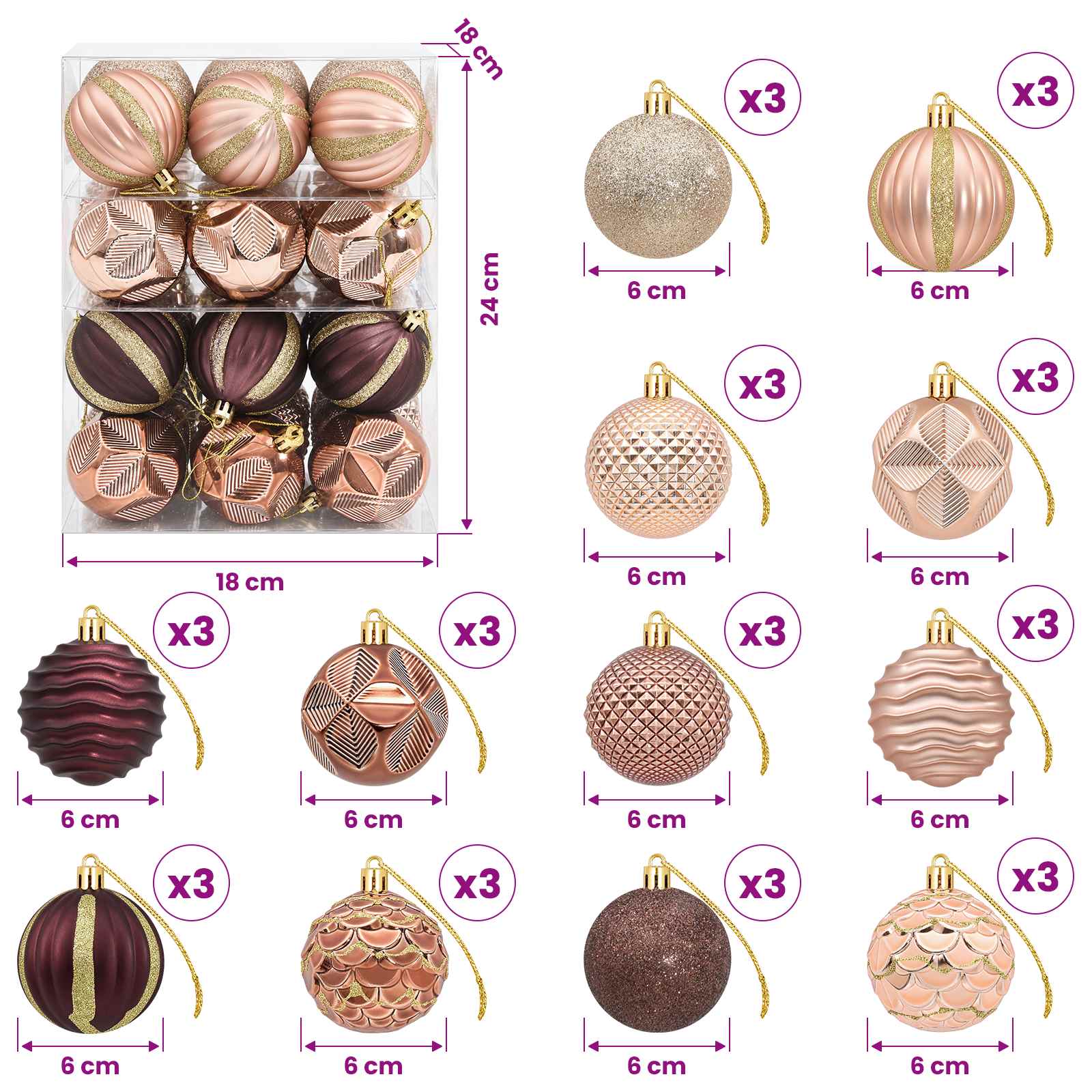 Set di Palline di Natale 36 pz Champagne e marrone 6 cm