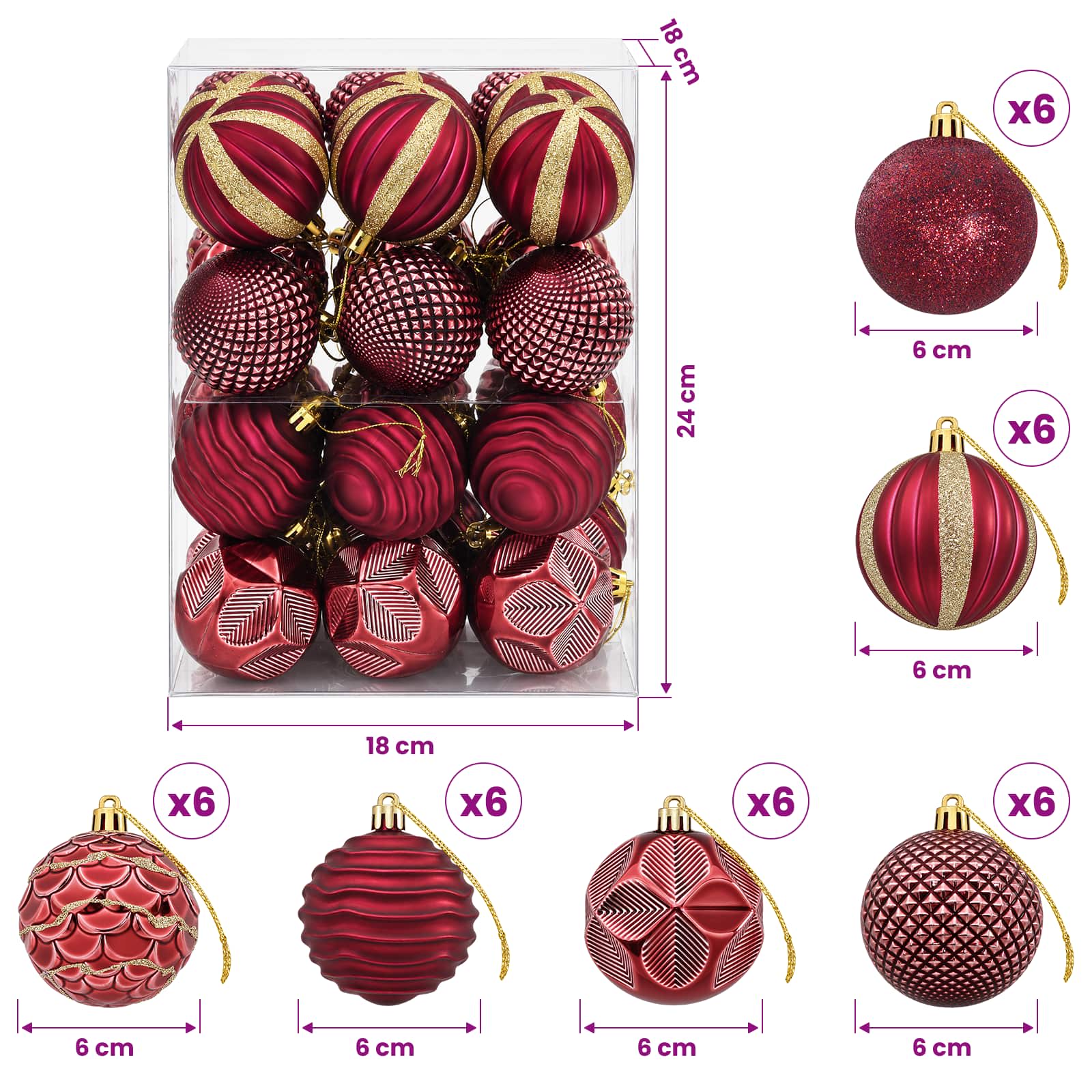 Set di Palline di Natale 36 pz Rosso Vino 6 cm Polistirolo
