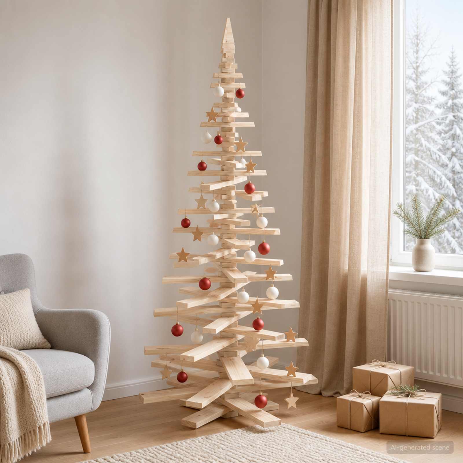 Albero di Natale in legno KOTKA 210 cm Legno Massello di Pino