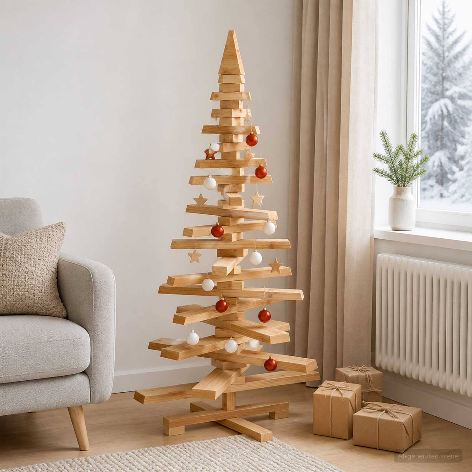 Albero di Natale in legno KOTKA 120 cm Legno Massello di Pino