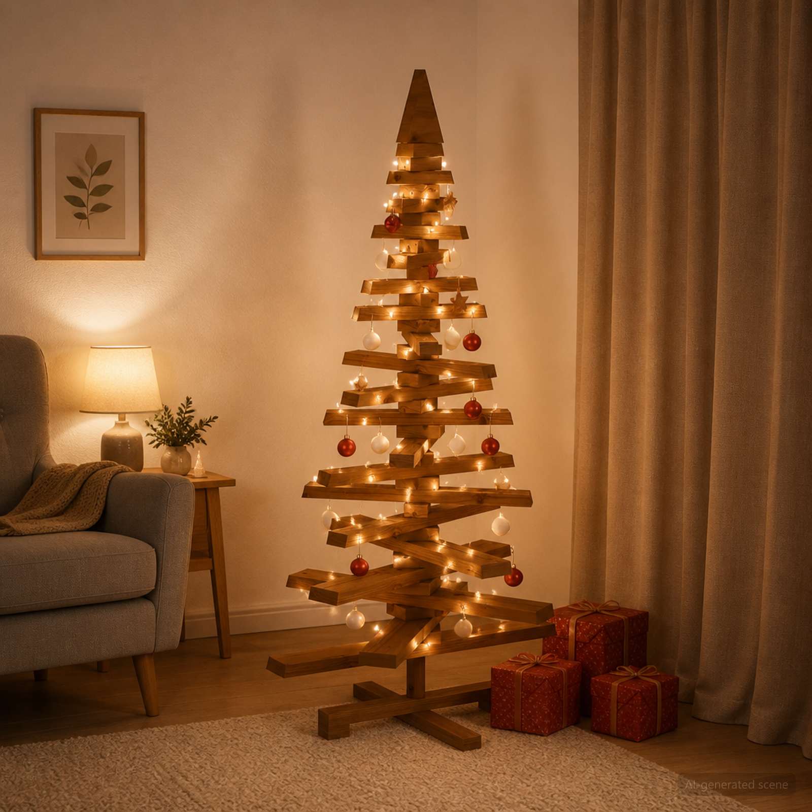 Albero di Natale in legno KOTKA 120 cm Legno Massello di Pino