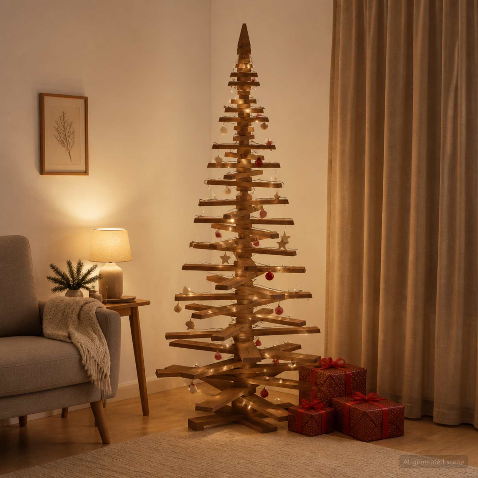 Albero di Natale in legno KOTKA 210 cm Legno Massello di Pino