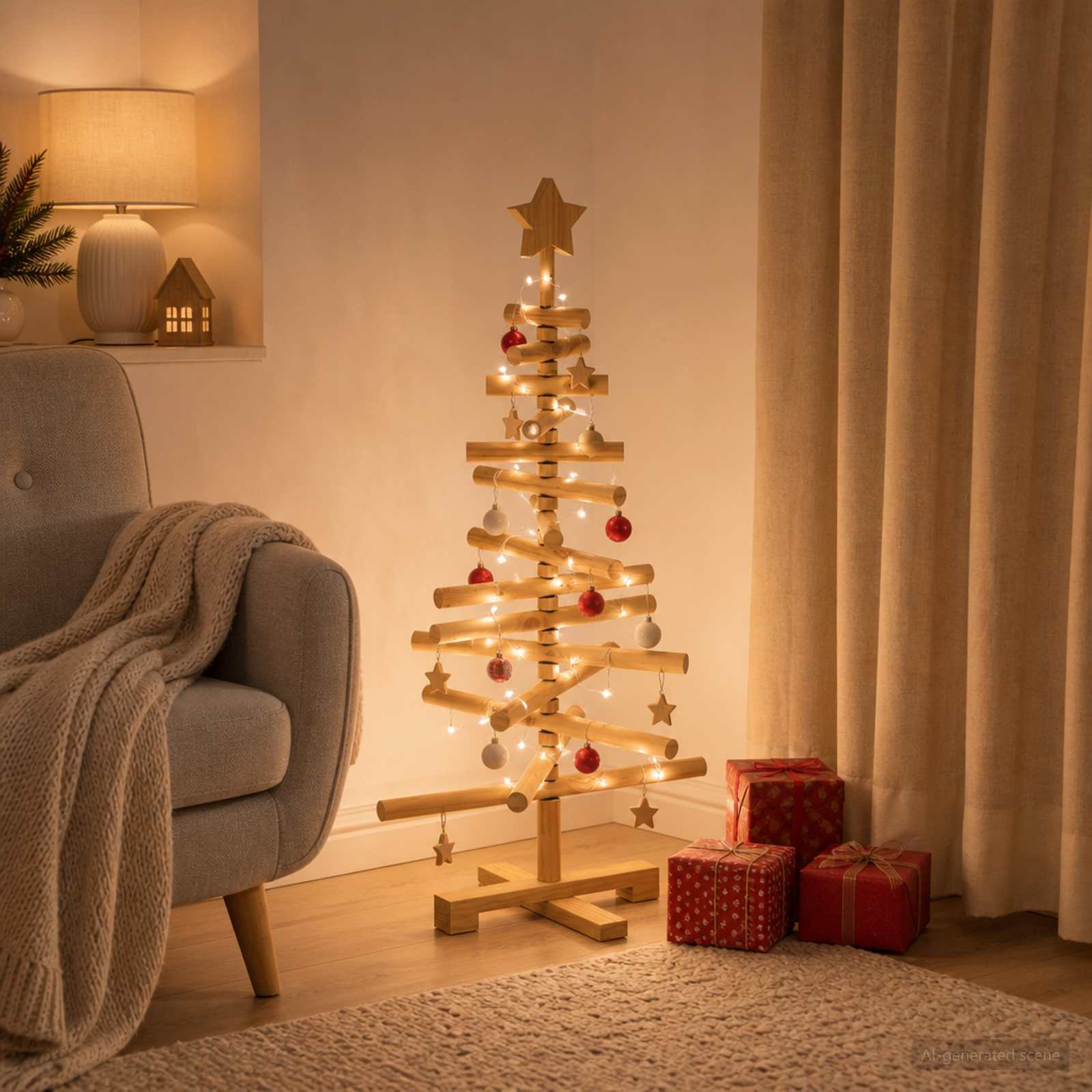Albero di Natale in legno KOTKA 90 cm Legno Massello di Pino