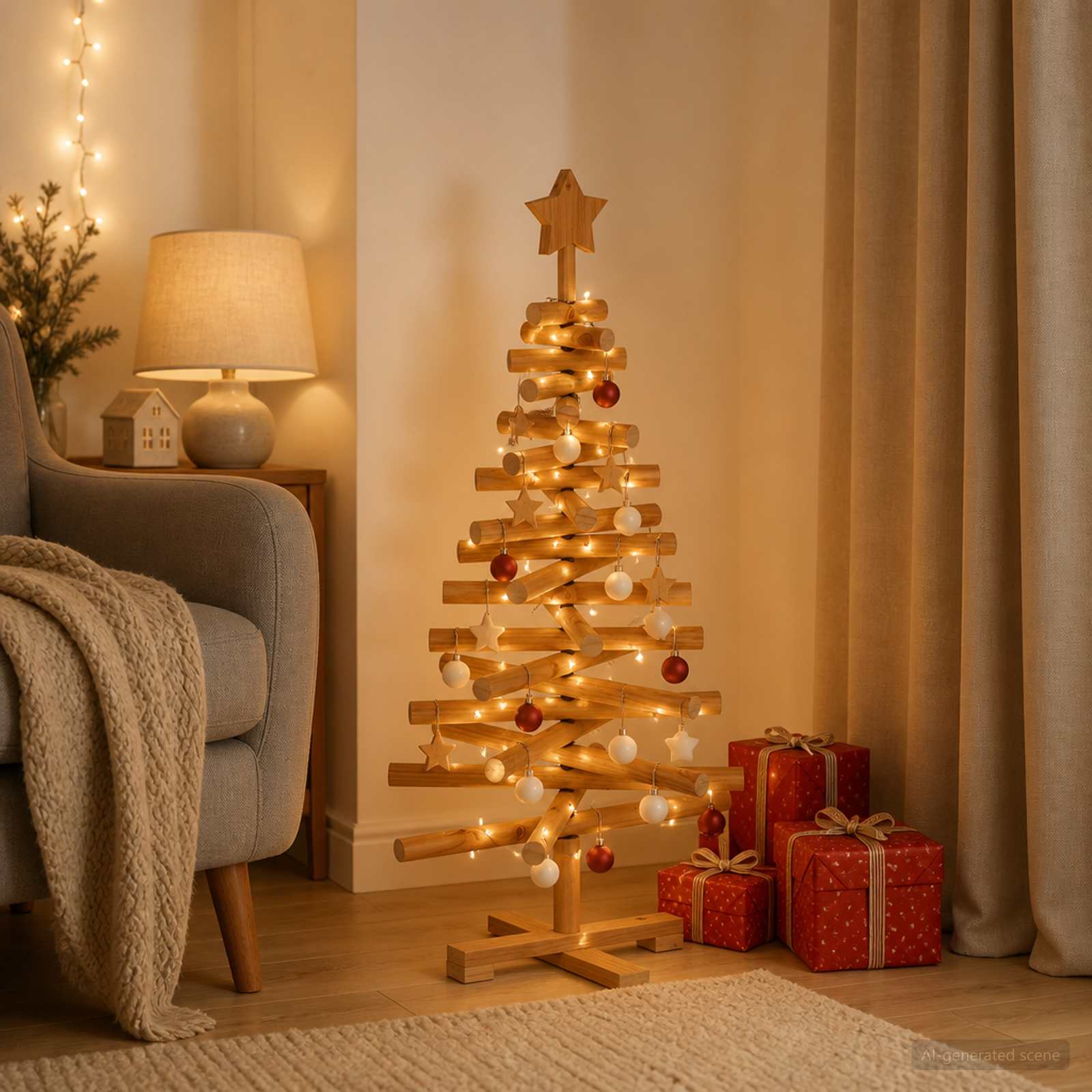 Albero di Natale in legno KOTKA 90 cm Legno Massello di Pino