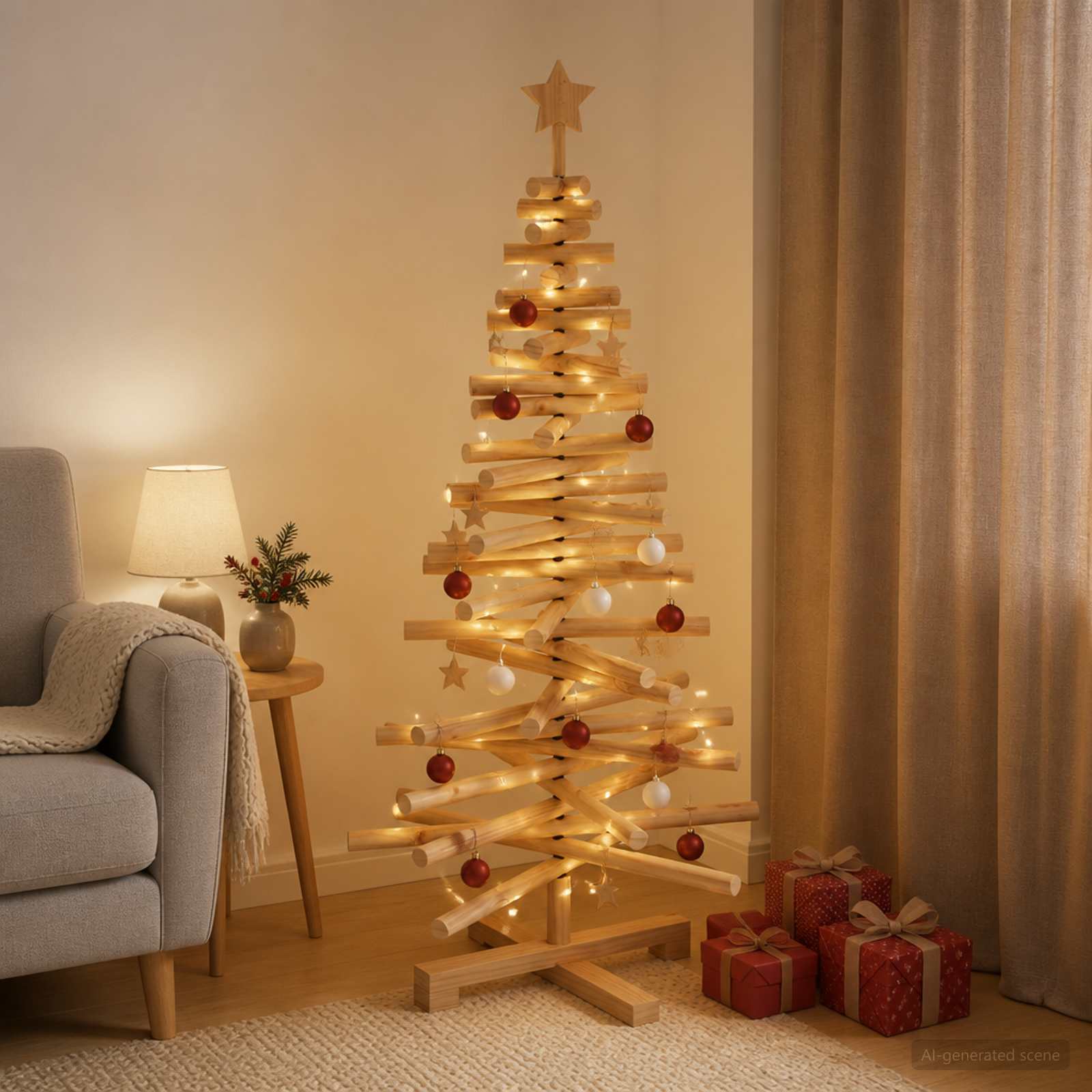Albero di Natale in legno KOTKA 120 cm Legno Massello di Pino
