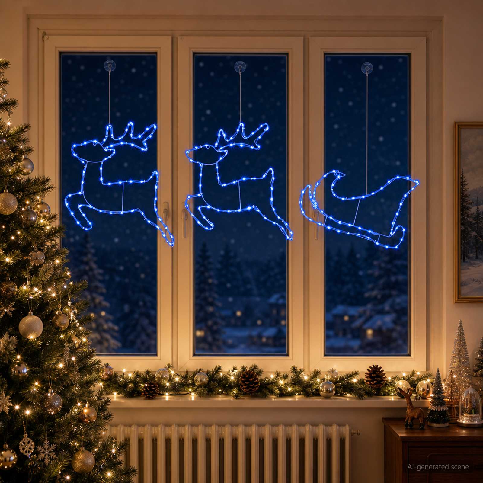 Decorazione natalizia con renna e slitta LOVIISA 180 LED Blu