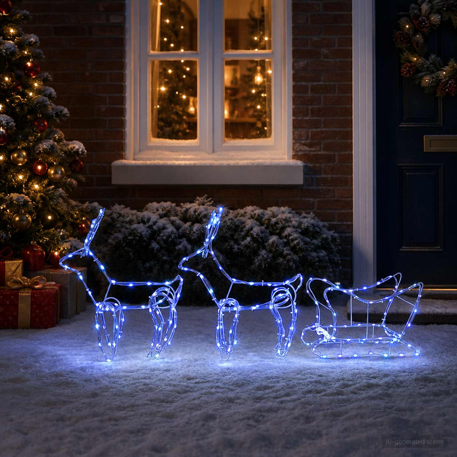 Decorazione natalizia con renna e slitta LOVIISA 240 LED Blu