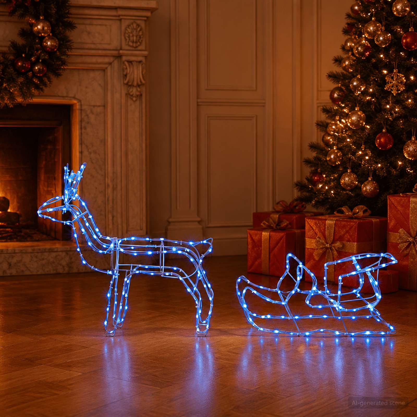 Decorazione natalizia con renna e slitta LOVIISA 240 LED Blu
