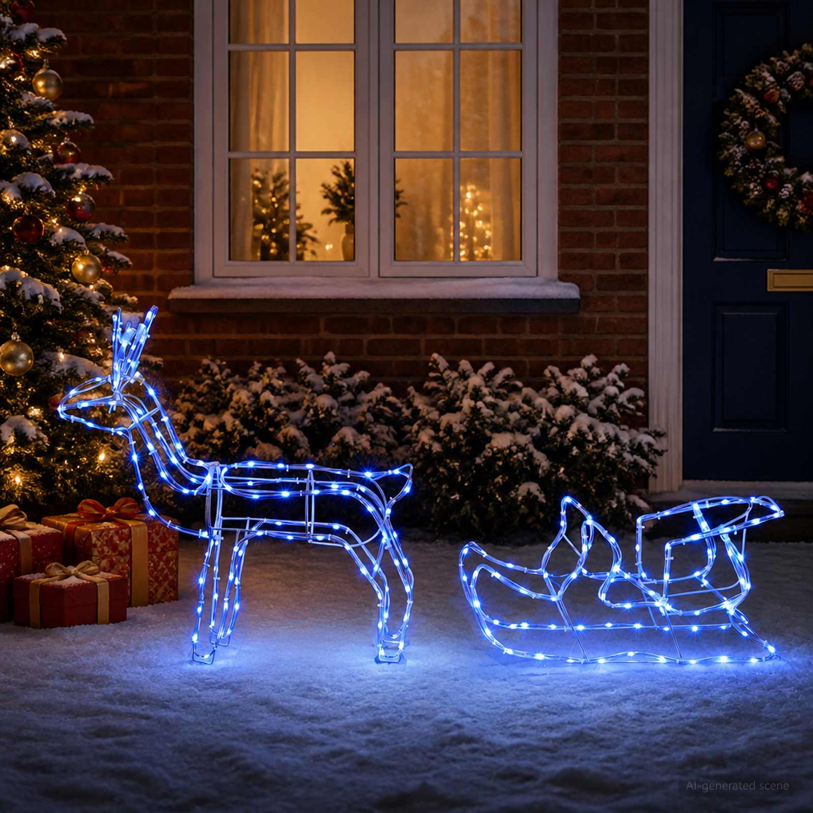 Decorazione natalizia con renna e slitta LOVIISA 240 LED Blu
