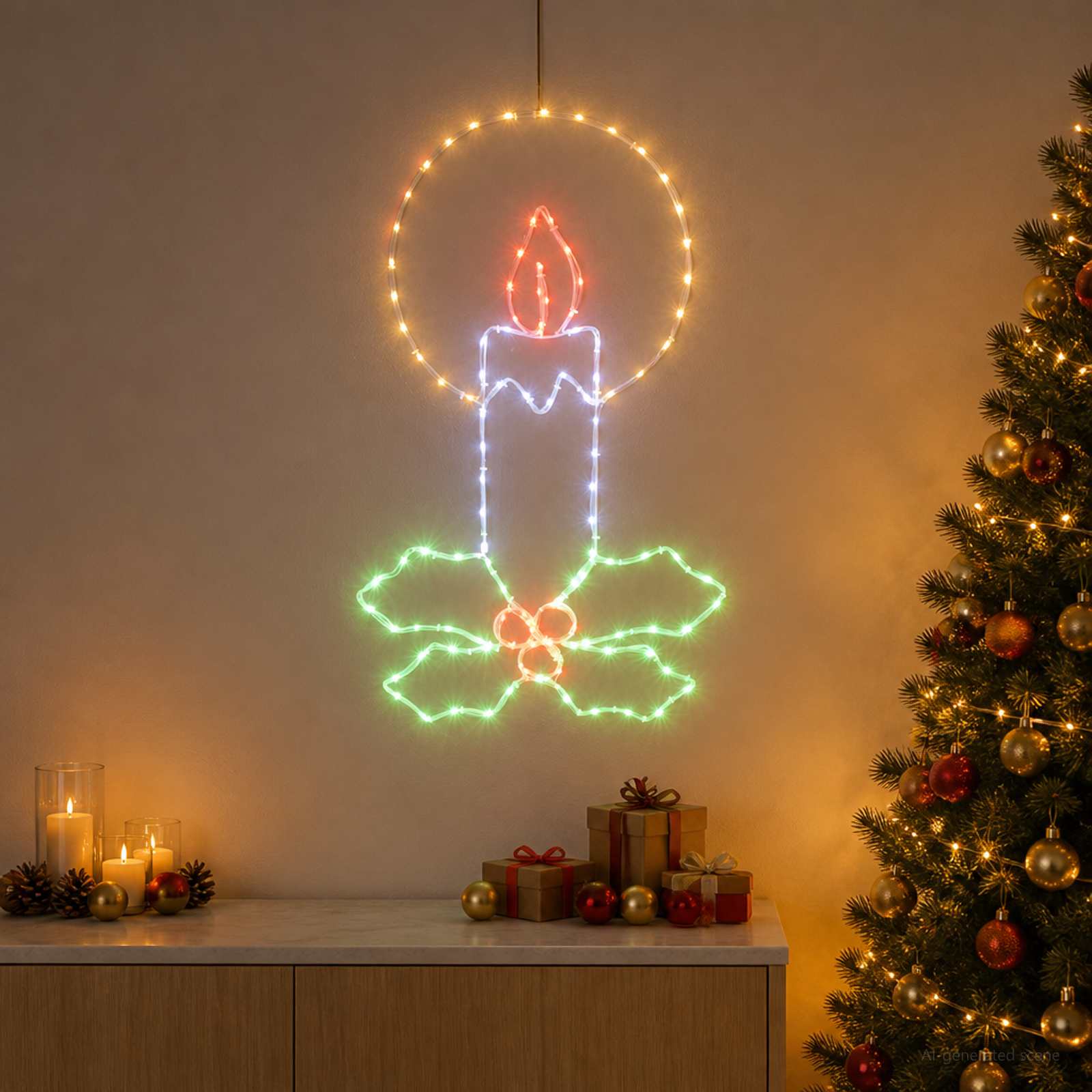 Candela natalizia a tubo luminoso LED con agrifoglio LOVIISA
