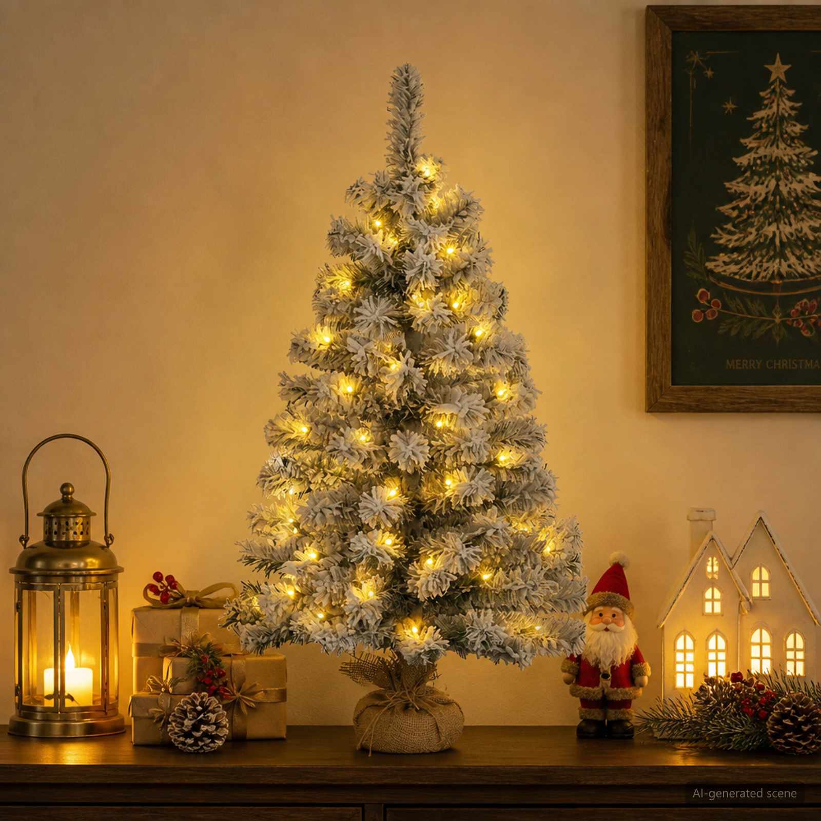 Mini albero di Natale innevato 60 cm 25 LED Bianco caldo PVC