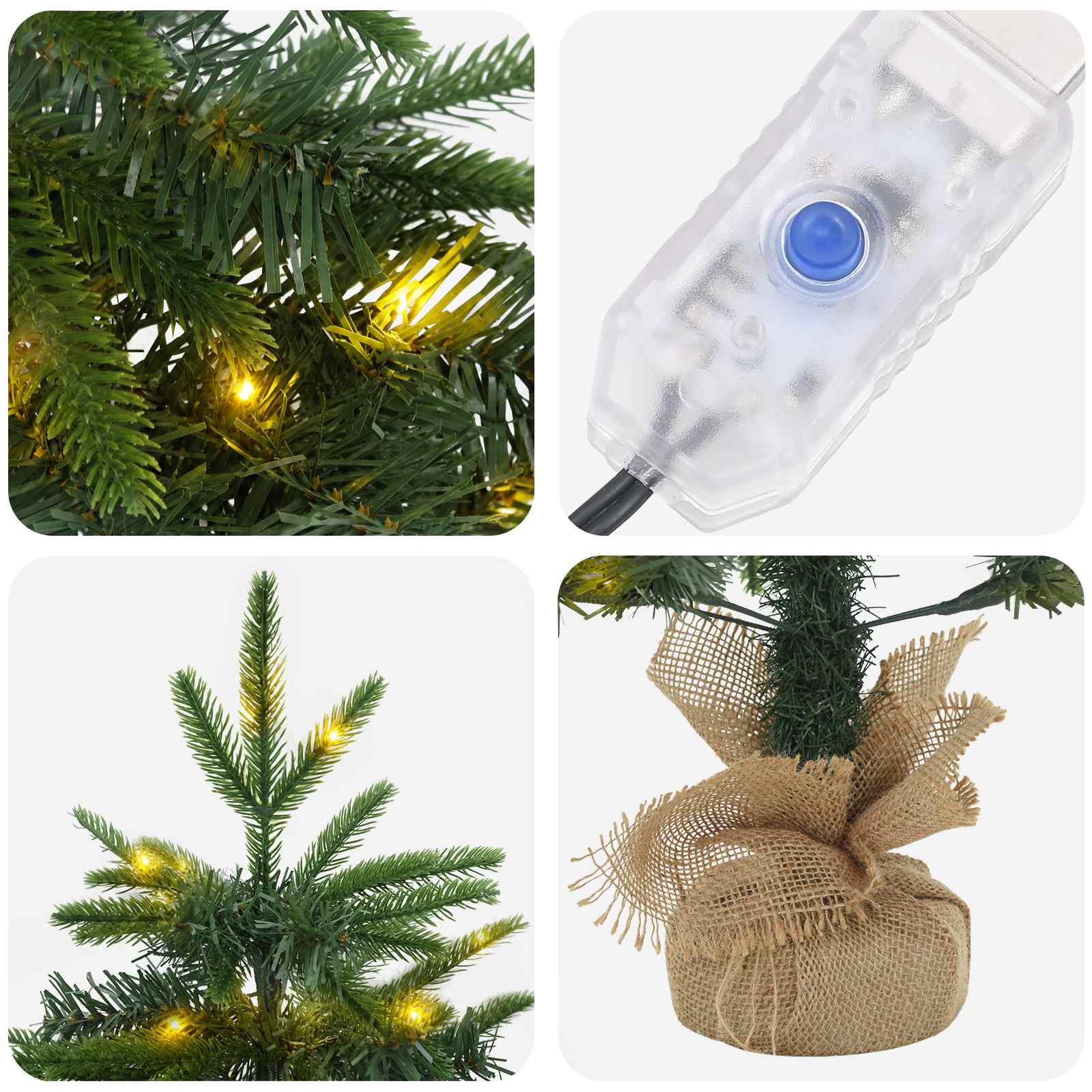 Albero di Natale Mini 60 cm 25 LED Bianco caldo PVC e PE Verde
