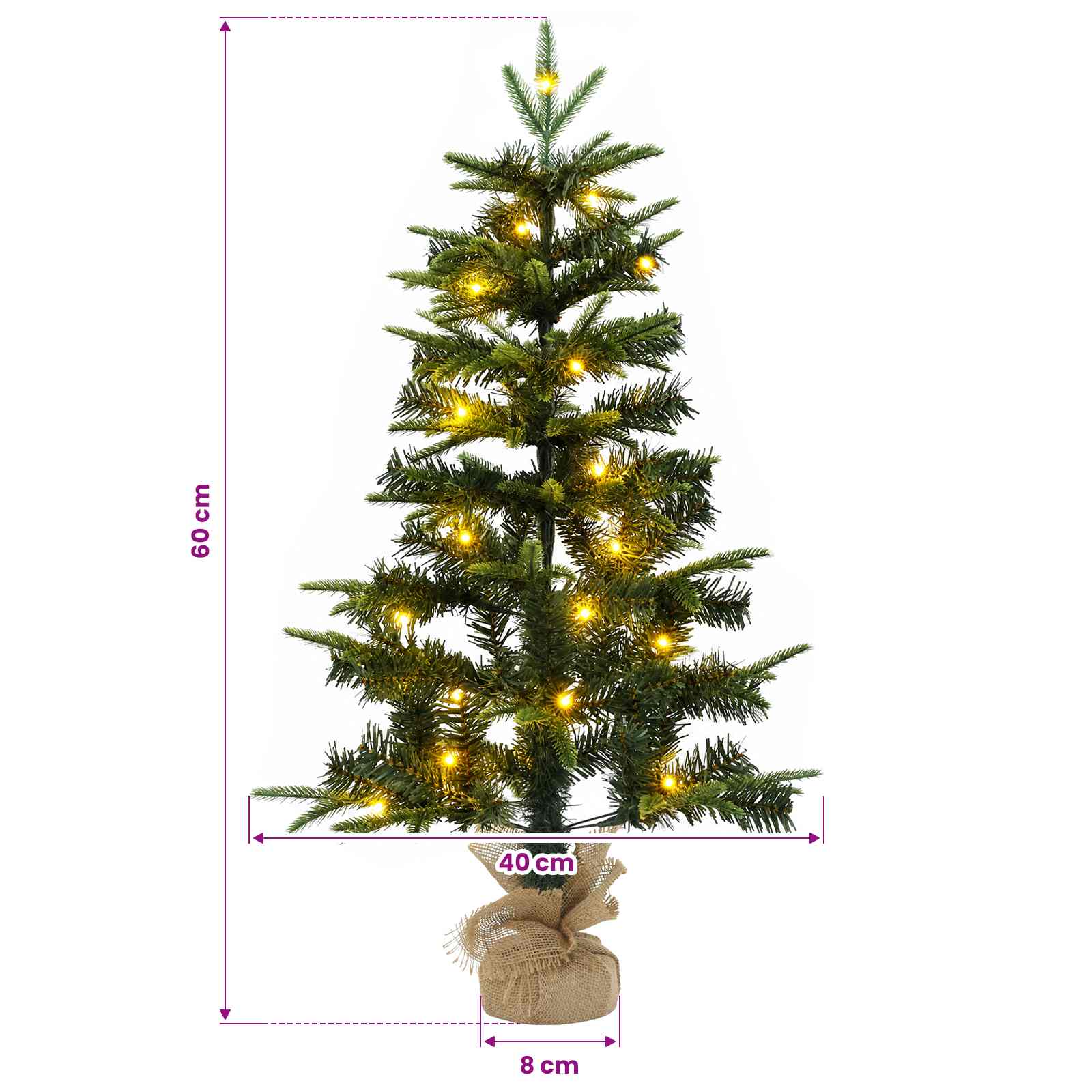 Albero di Natale Mini 60 cm 25 LED Bianco caldo PVC e PE Verde