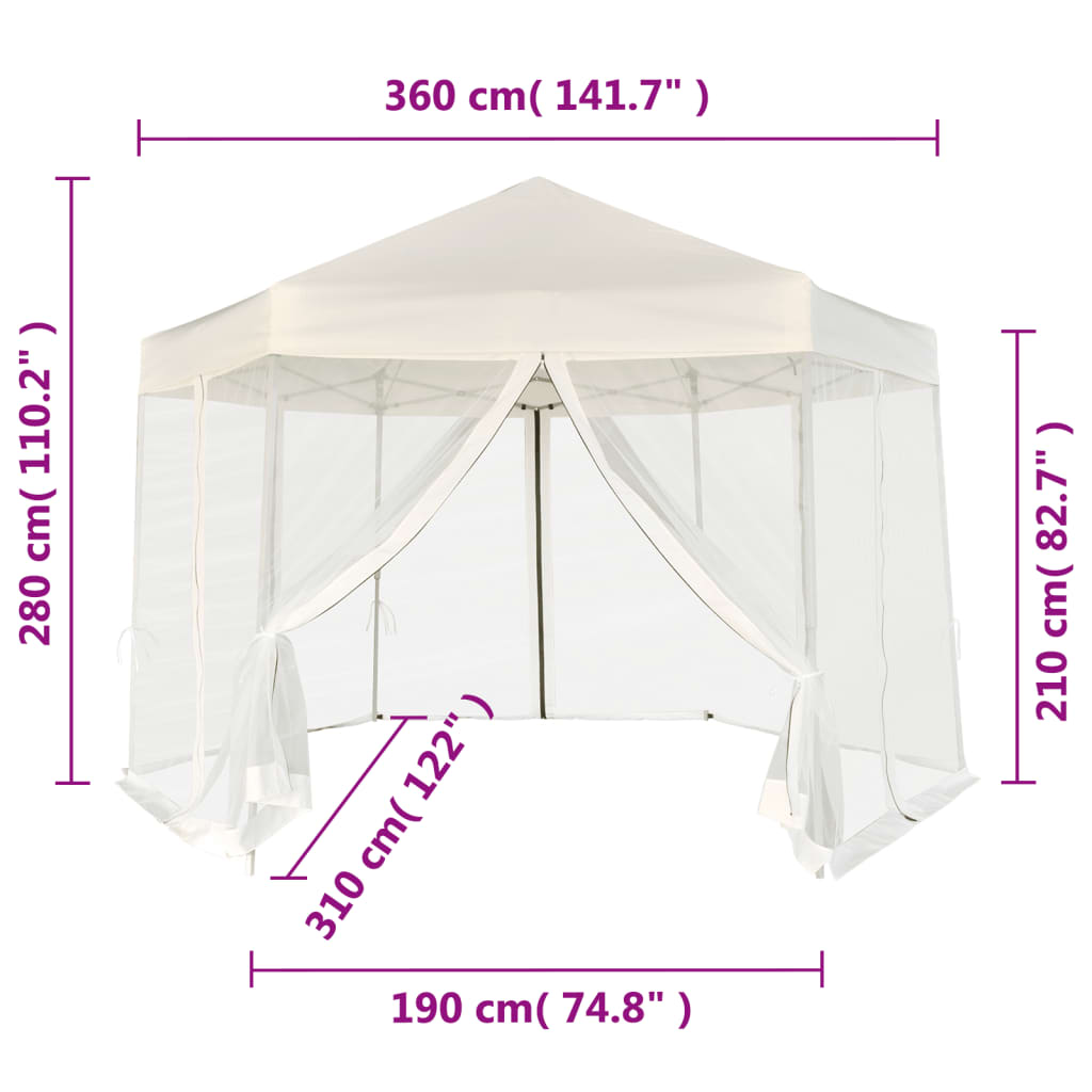 Gazebo Esagonale Pop-Up con 6 Pareti Bianco Crema 3,6x3,1 m