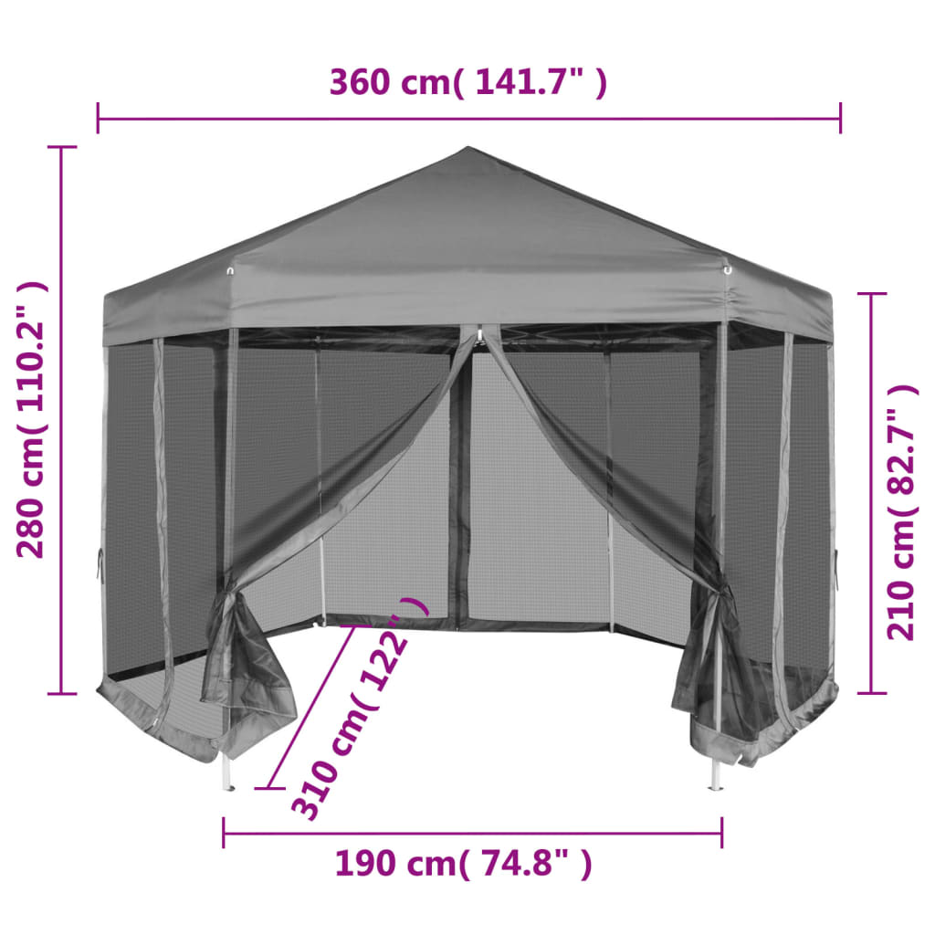 Gazebo Esagonale Pop-Up con 6 Pareti Grigio 3,6x3,1 m