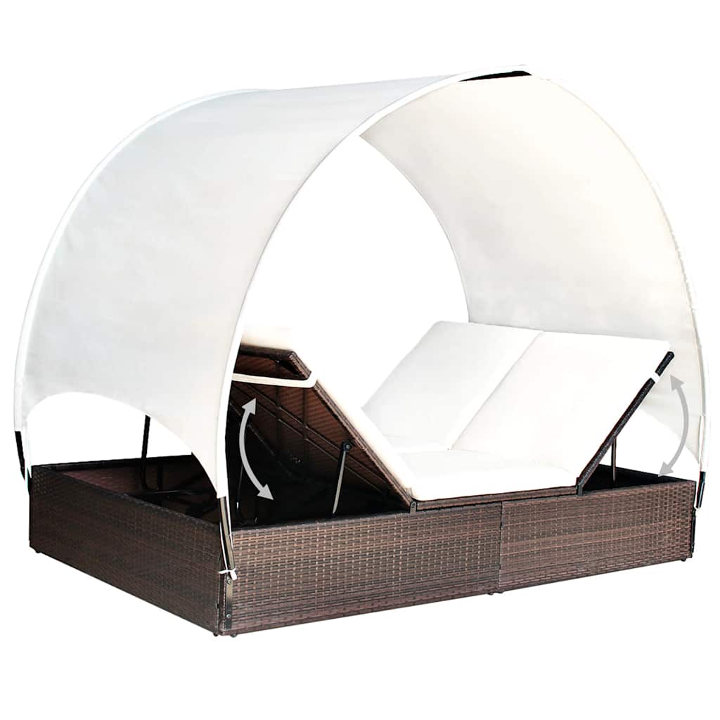 Lettino Prendisole Doppio con Baldacchino in Polyrattan Marrone
