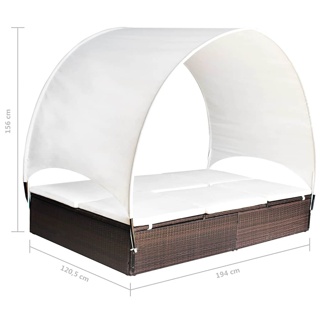 Lettino Prendisole Doppio con Baldacchino in Polyrattan Marrone