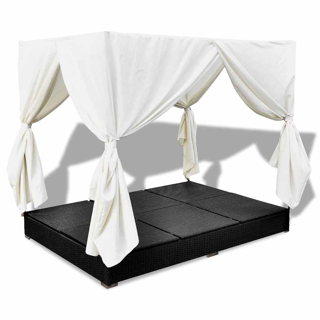 Lettino Prendisole con Tende in Polyrattan Nero
