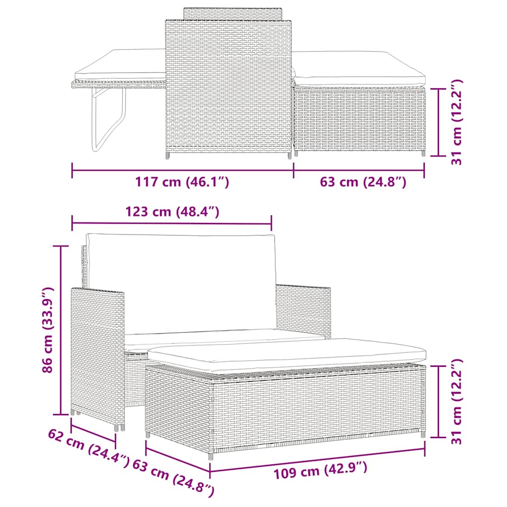 Set Divani da Giardino 2 pz con Cuscini in Polyrattan Nero