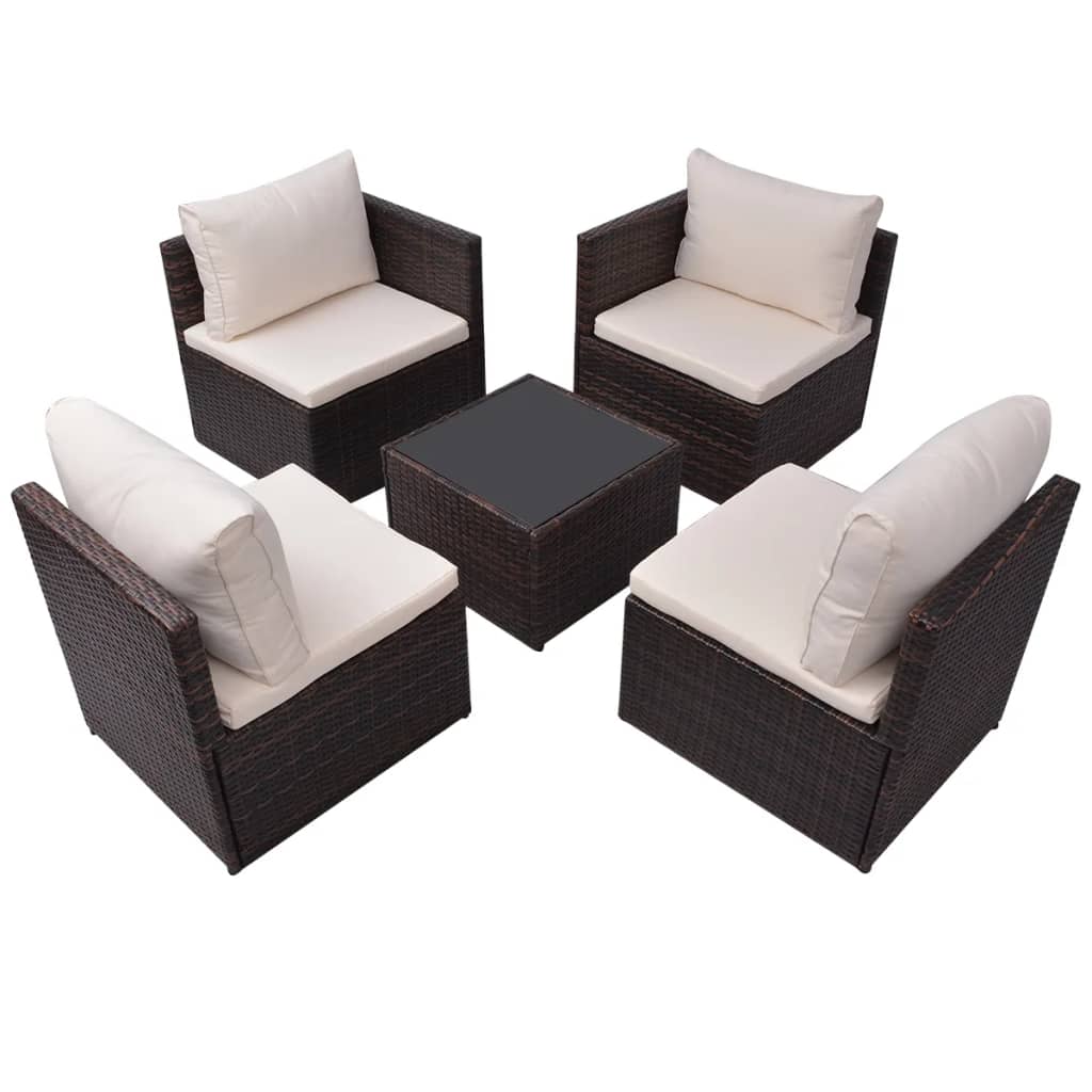 Set Divani da Giardino 5 pz con Cuscini in Polyrattan Marrone
