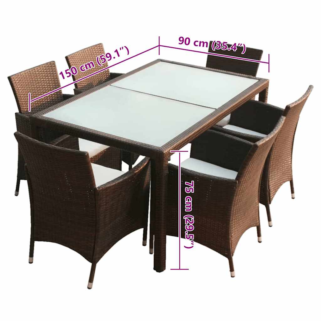 Set da Pranzo da Giardino 7 pz con Cuscini Polyrattan Marrone