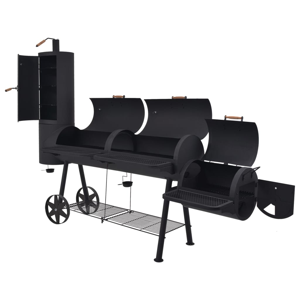 Barbecue con affumicatore in acciaio nero, 258 x 66 x 196 cm