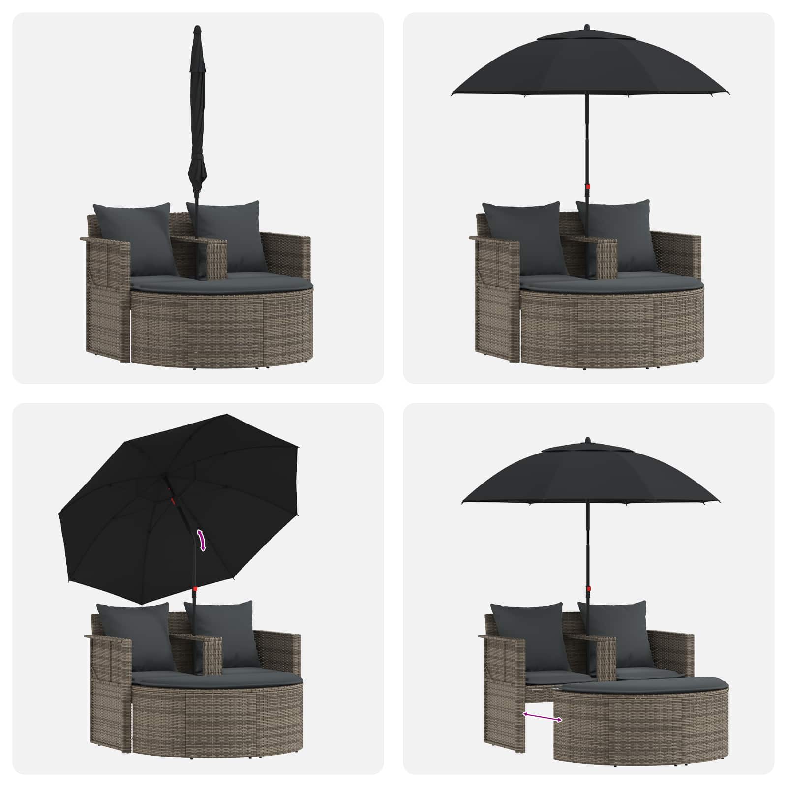 Divano da Giardino 2 Posti Cuscini Ombrellone Grigio Rattan PE