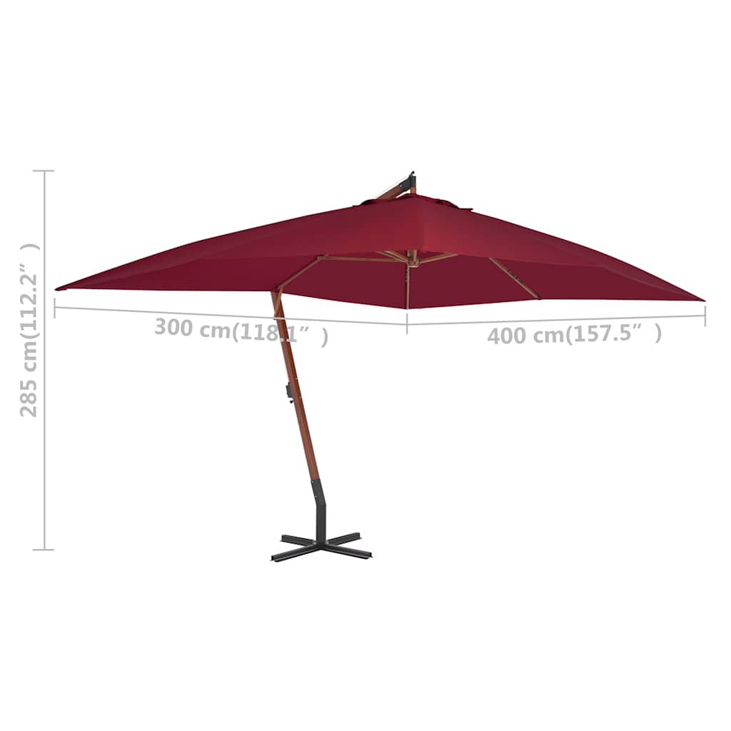 Ombrellone a Sbalzo con Palo in Legno 400x300 cm Rosso Bordeaux