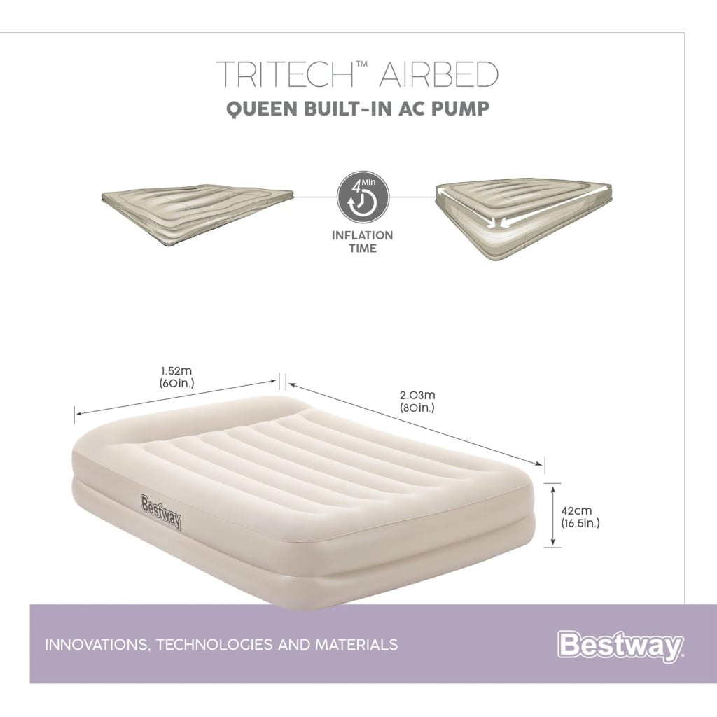 Bestway Materasso ad Aria Tritech per 2 Persone 203x152x42 cm Beige