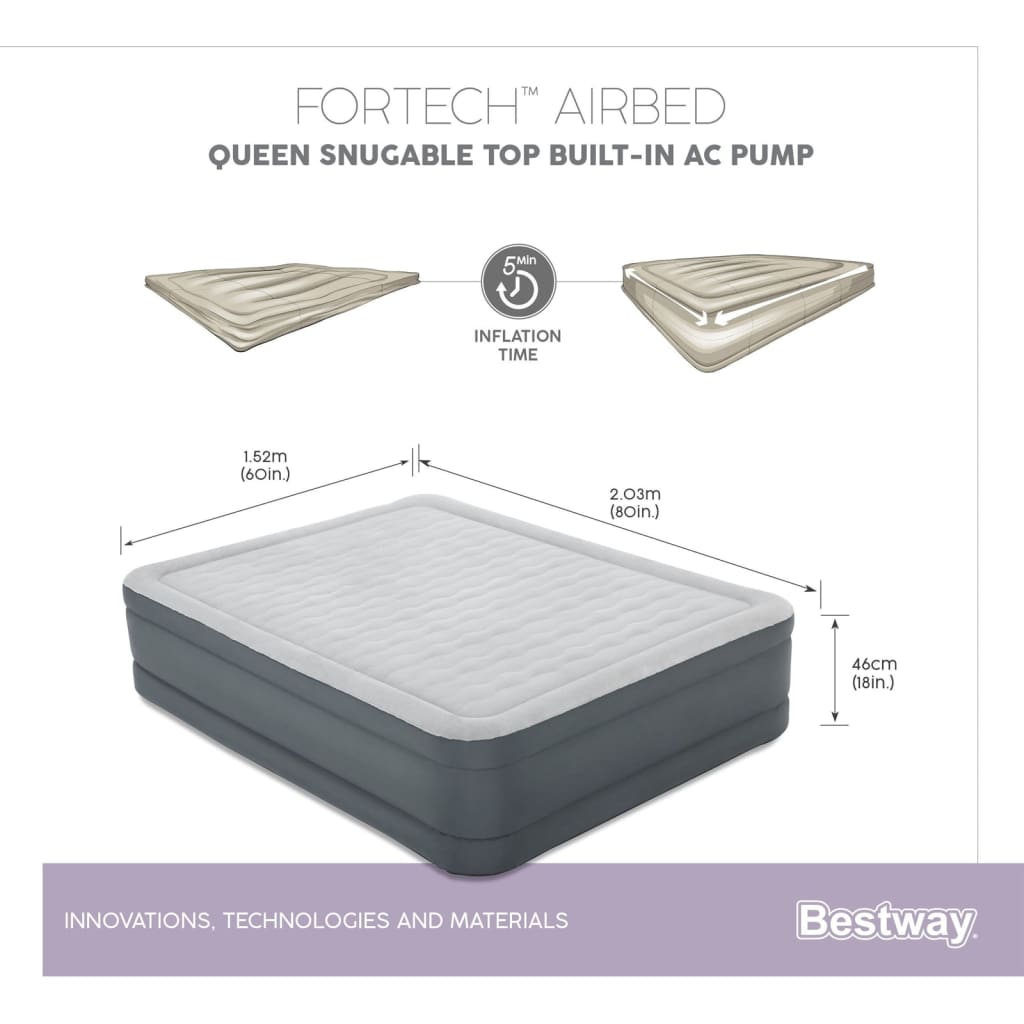 Bestway Letto Aria Fortech 2Persone 203x152x46 Antracite Grigio Chiaro