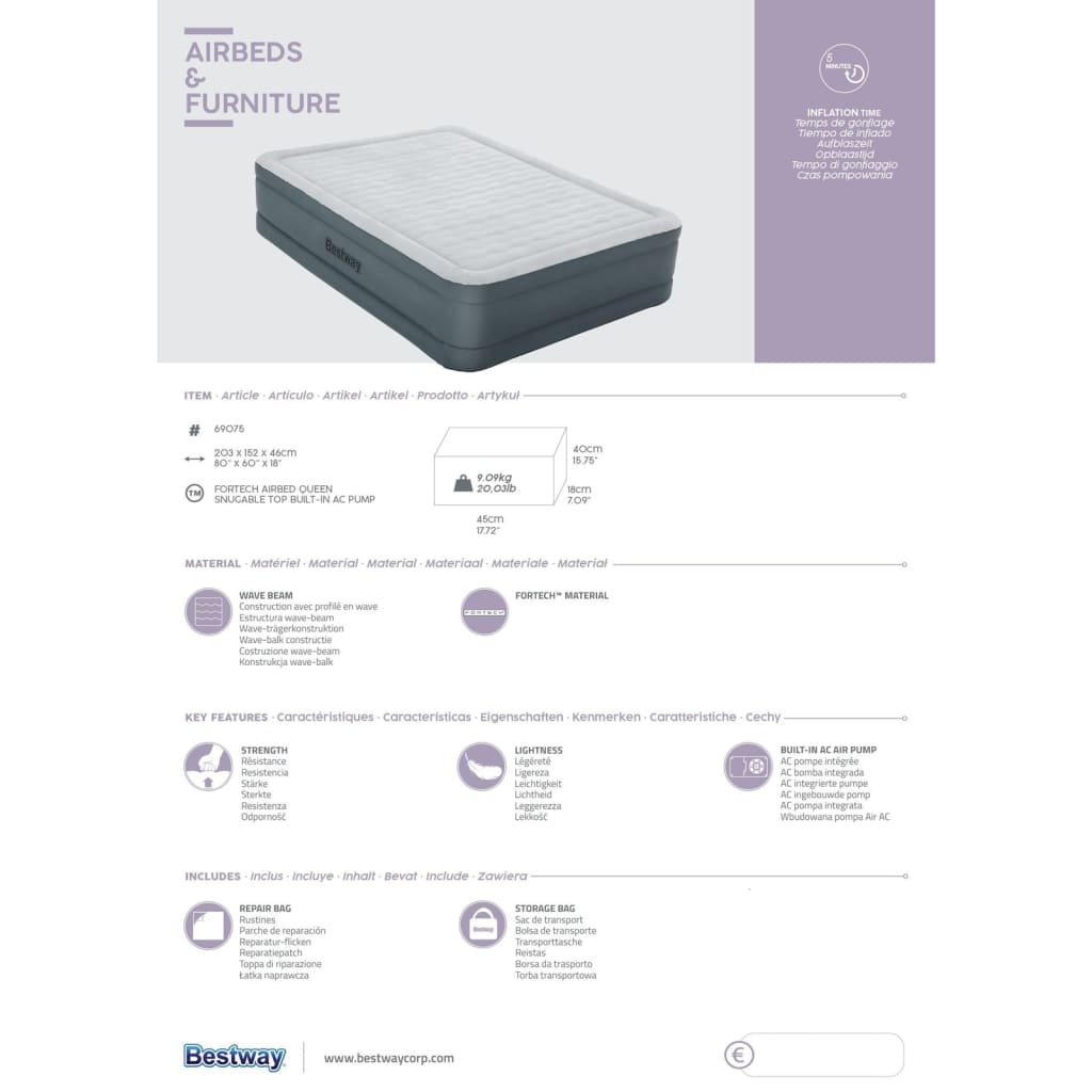 Bestway Letto Aria Fortech 2Persone 203x152x46 Antracite Grigio Chiaro