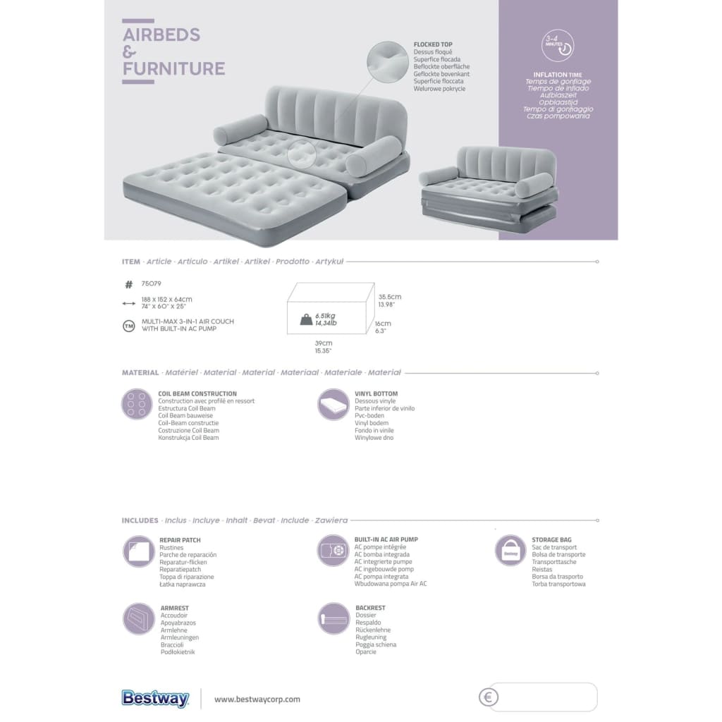 Bestway Divano Gonfiabile 3-in-1 in PVC Grigio