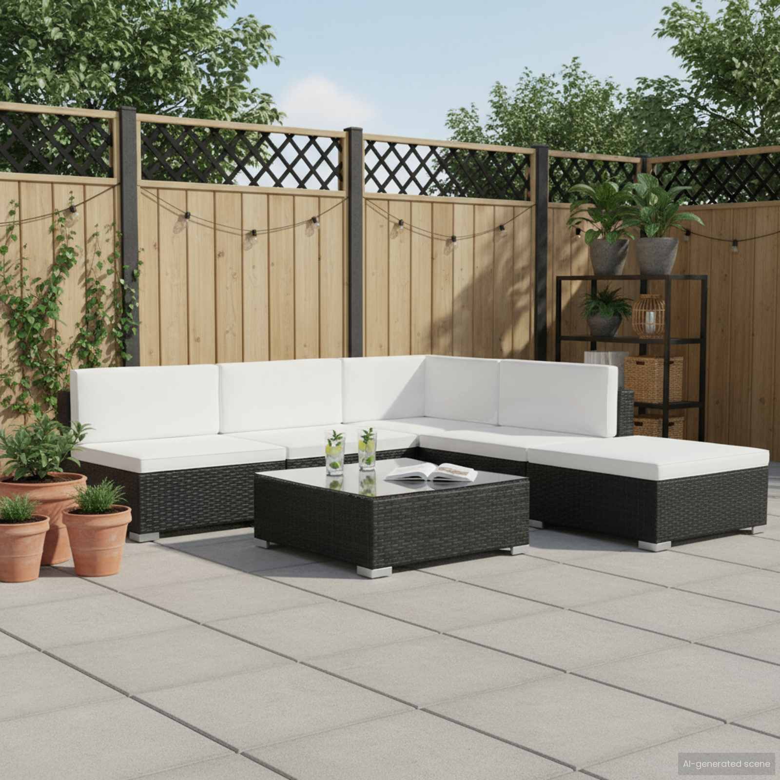 Set Divani da Giardino 6 pz con Cuscini in Polyrattan Nero