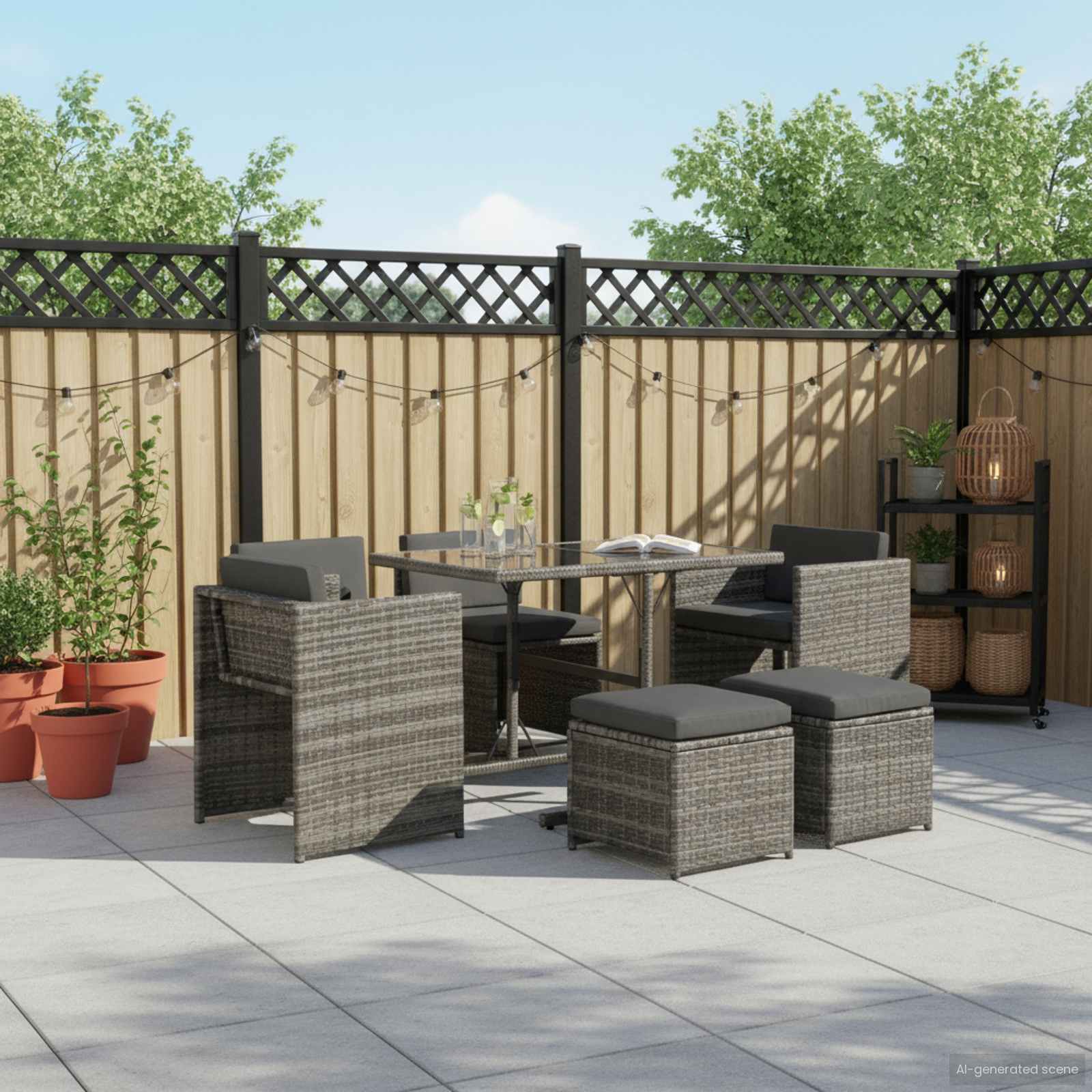 Set da Pranzo per Esterni 7 pz con Cuscini in Polyrattan Grigio