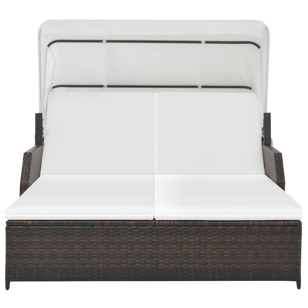 Lettino Prendisole 2 Posti con Tettuccio in Polyrattan Marrone