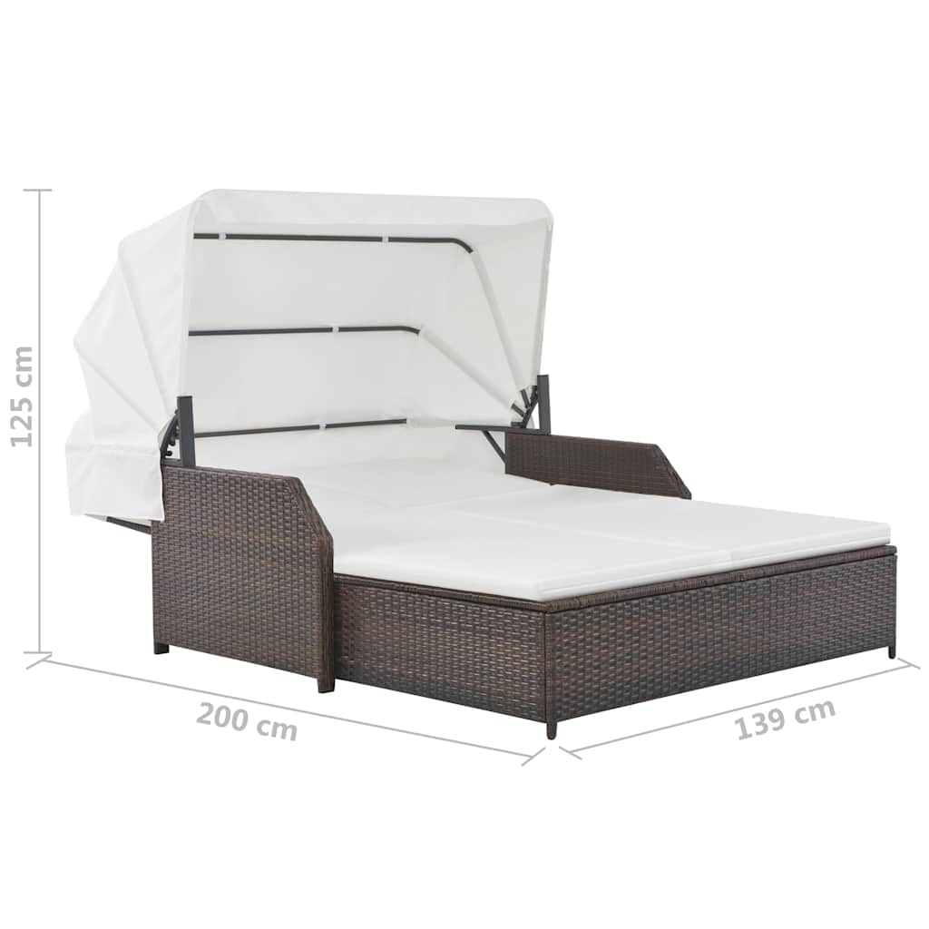 Lettino Prendisole 2 Posti con Tettuccio in Polyrattan Marrone