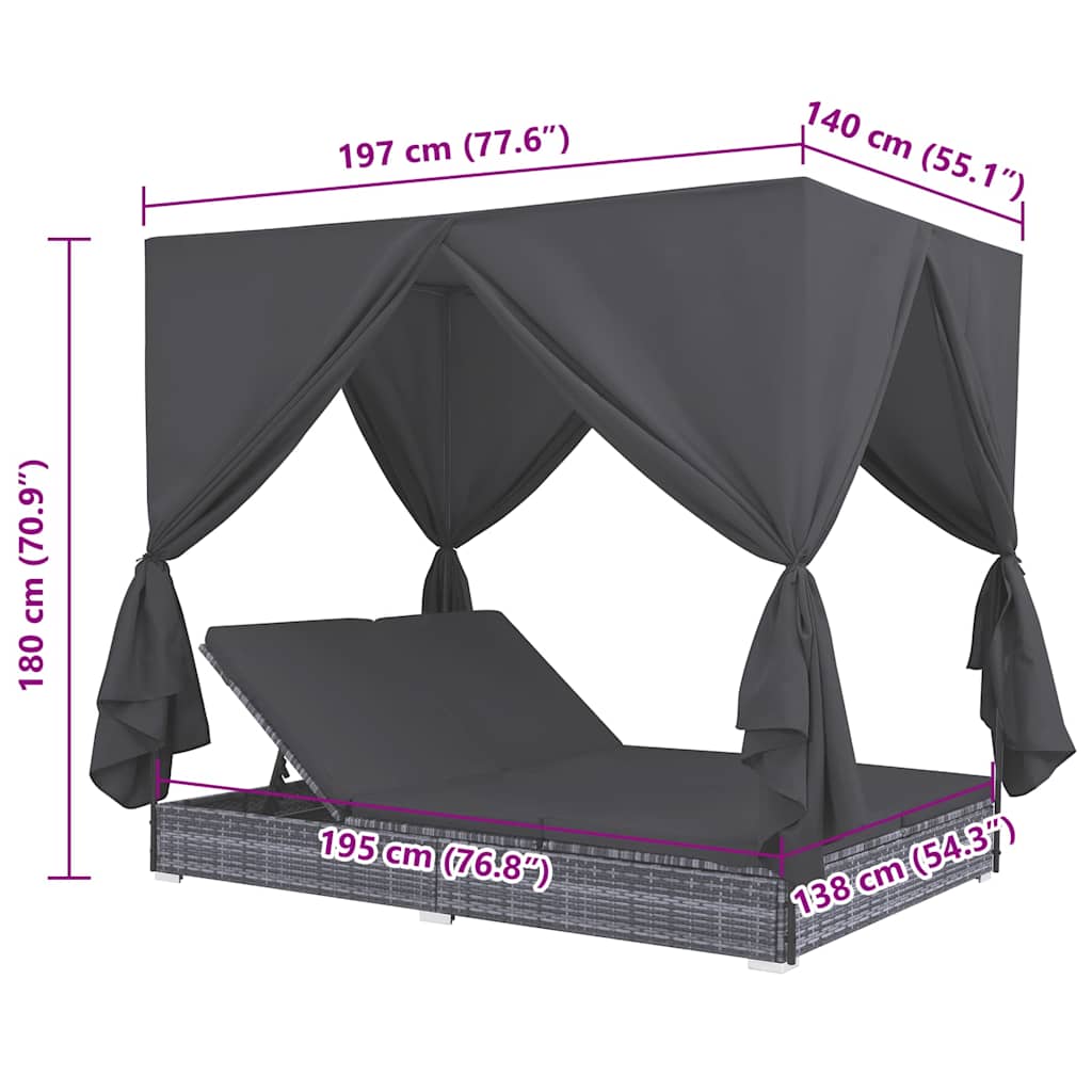 Lettino Prendisole con Tende in Polyrattan Grigio