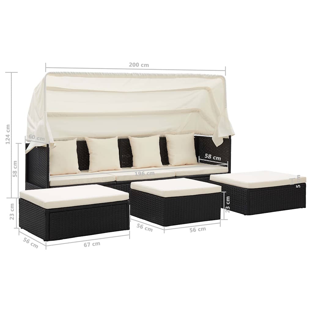 Lettino da Giardino con Tettuccio in Polyrattan Nero