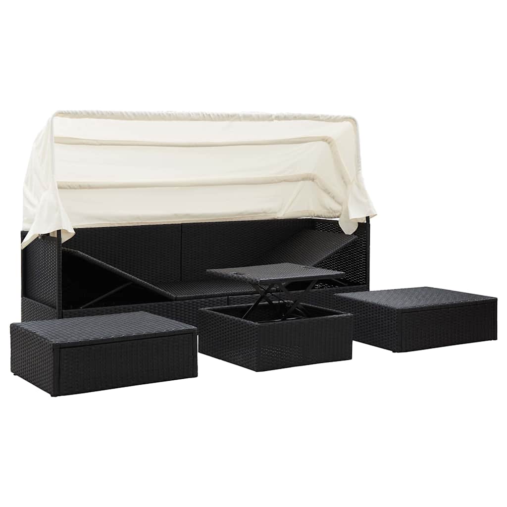 Lettino da Giardino con Tettuccio in Polyrattan Nero