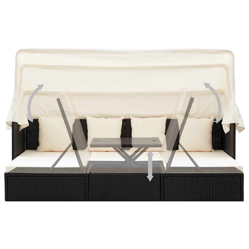 Lettino da Giardino con Tettuccio in Polyrattan Nero