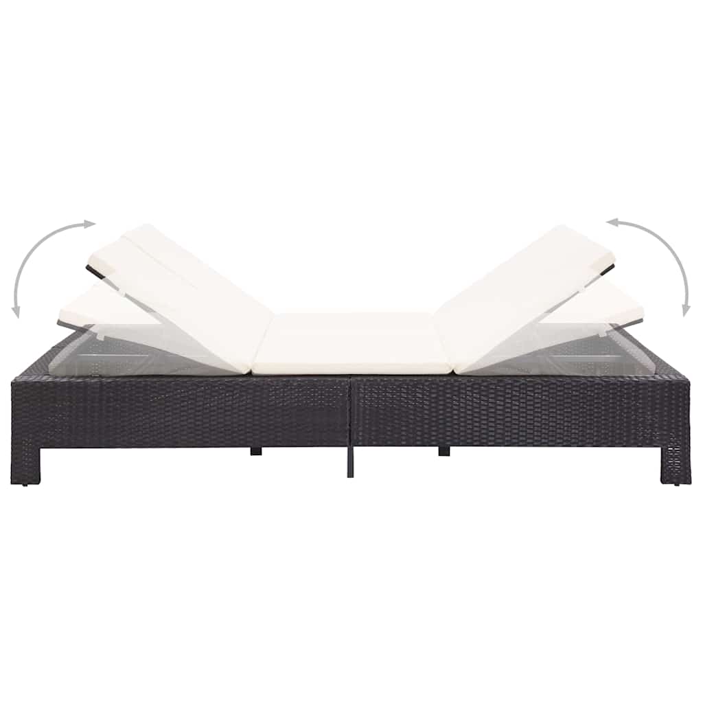 Lettino Prendisole a 2 Posti con Cuscino Nero in Polyrattan